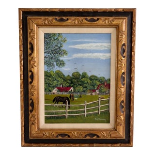 Mid 20th Century Signed American Folk Art Horse Farm Landscape Oil on Canvas Framed Painting For Sale