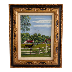 Mid 20th Century Signed American Folk Art Horse Farm Landscape Oil on Canvas Framed Painting