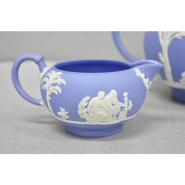 Neoclassical Antique Wedgwood Blue Jasperware Tea Set W/ Tea Pot Creamer Sugar Bowl 3 Pc Set For Sale - Image 3 of 15