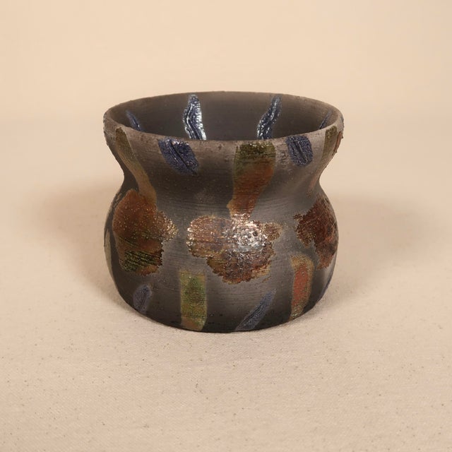 Signed Studio Pottery Raku Ceramic Vessel With Metallic Copper Glaze and Abstract Brushwork For Sale - Image 15 of 17