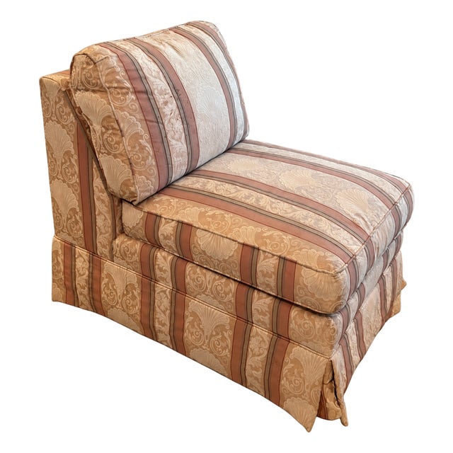 1990s Ethan Allen Rose & Cream Striped Damask-Style Skirted Slipper Chair For Sale