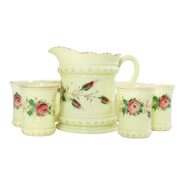 Early 1900s Heisey Uranium Custard Glass Ring Band Drink Set- 7 Pieces For Sale