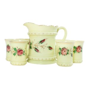 Early 1900s Heisey Uranium Custard Glass Ring Band Drink Set- 7 Pieces