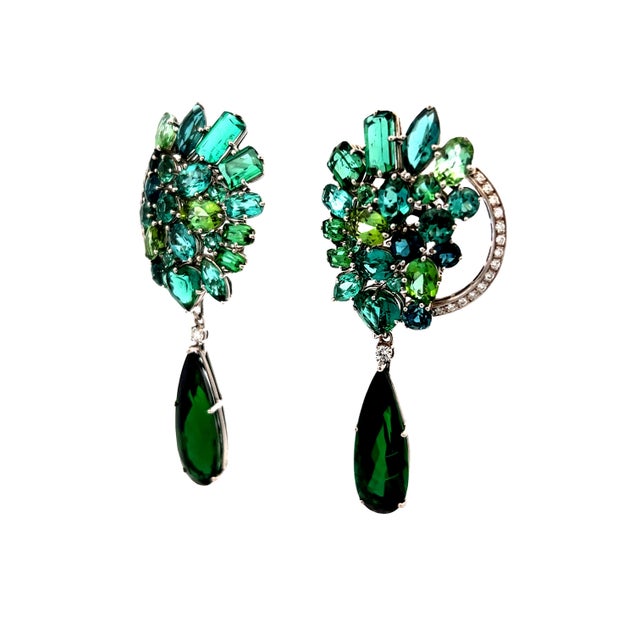 1990s 1990s Pair of Italian Convertible Green Tourmaline Diamond 18k White Gold Earrings For Sale - Image 5 of 8