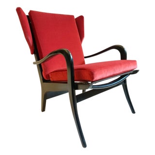 Mid-Century Wingback Armchair in Red Velvet and Blackened Wood, 1950s For Sale