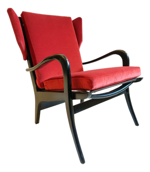 Mid-Century Wingback Armchair in Red Velvet and Blackened Wood, 1950s