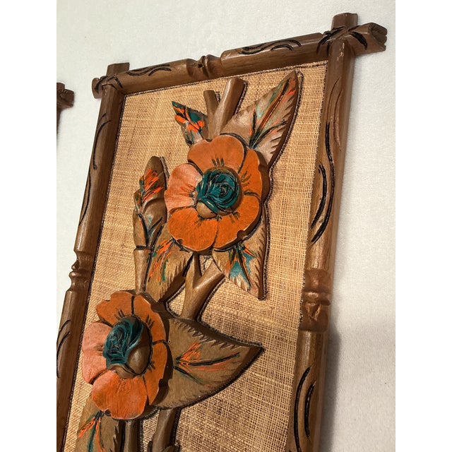 Pair Mid Century Carved Wood Flower Art Wall Hanging Plaques, Tiki Bar Tropical Exotic Decor Circa 50s 60s For Sale In Greenville, SC - Image 6 of 12