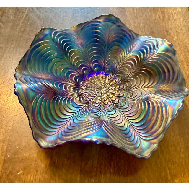 1910s Fenton Peacock Tail Blue Ruffled Dish For Sale - Image 10 of 12