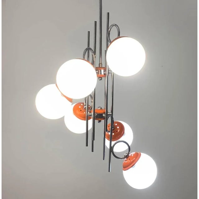 1960s Orange and Chrome Sputnik Six Lamp Pendant Light, 1960s For Sale - Image 5 of 5