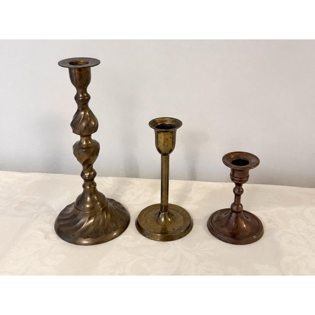 Brass Vintage Variegated Height Brass Candelabra & Candlestick Collection For Sale - Image 8 of 9