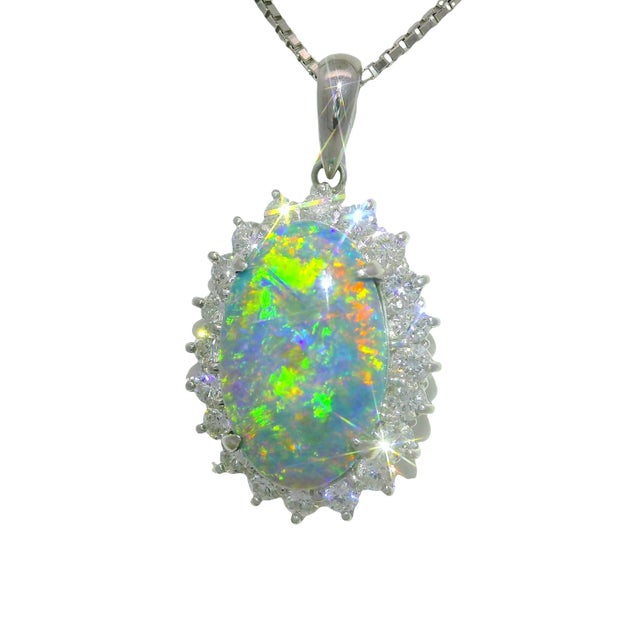 Contemporary 3.51 Carat Australian Black Opal Diamond Platinum Halo Pendant Necklace For Sale - Image 3 of 7