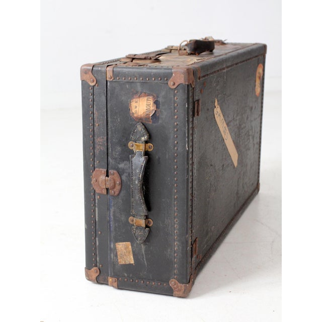 Antique Leather Trunk Suitcase With Original Travel Stickers For Sale - Image 17 of 17