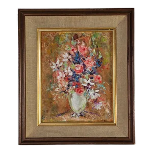 Still Life Oil on Board Floral Painting Pink Flowers C. 1960 Signed Connell