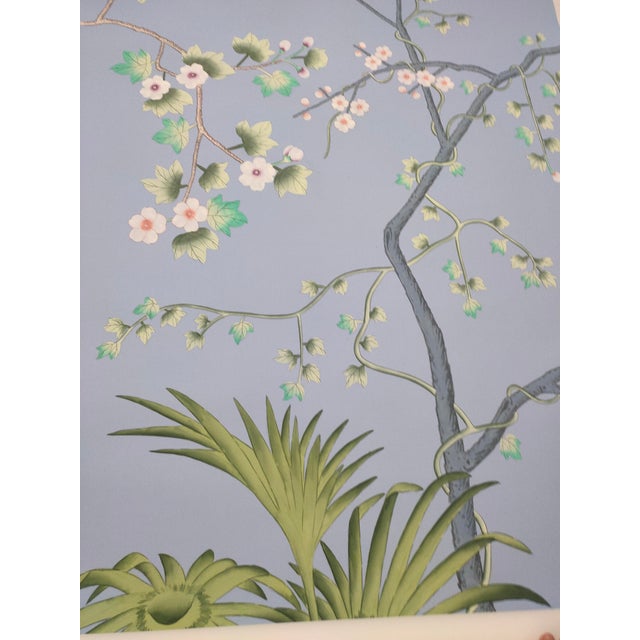 Chinoiserie Tropical Hand-Painted Wallpaper Panels, Soft Blue Background With Floral & Palm Mural, Set of 6 For Sale - Image 4 of 7