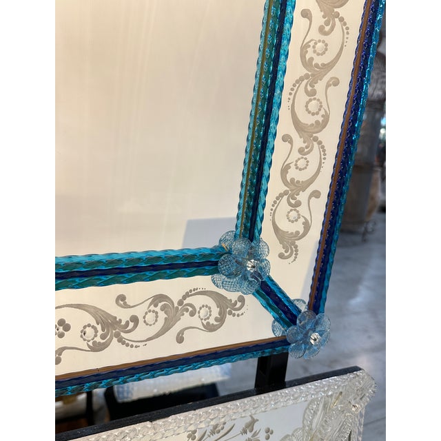 Murano Contemporary Modern Venetian Blue Wall Mirror Hand-Carved in Murano Glass For Sale - Image 4 of 7