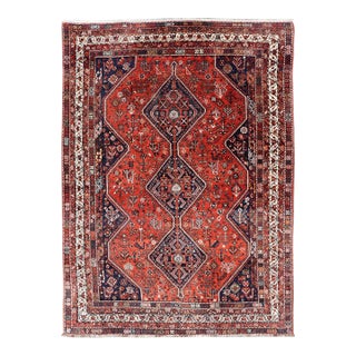 Antique Shiraz Rug With Bold Diamond Medallions and Colorful Tribal Motif Design 7'9 X 10'10 For Sale