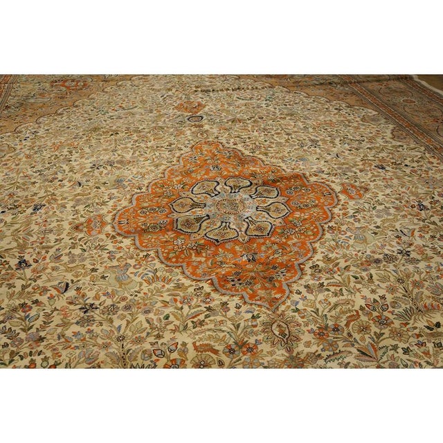 1940s Ivory Diamond Swastika Antique Tabriz Silk Handknotted Room Size Rug For Sale - Image 4 of 5