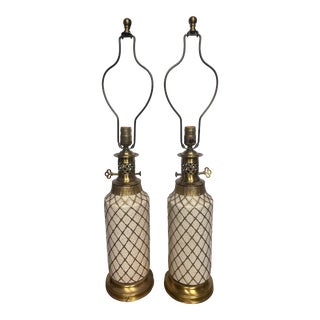 Mid-Century Basketed Ceramic Lamps, Pair For Sale