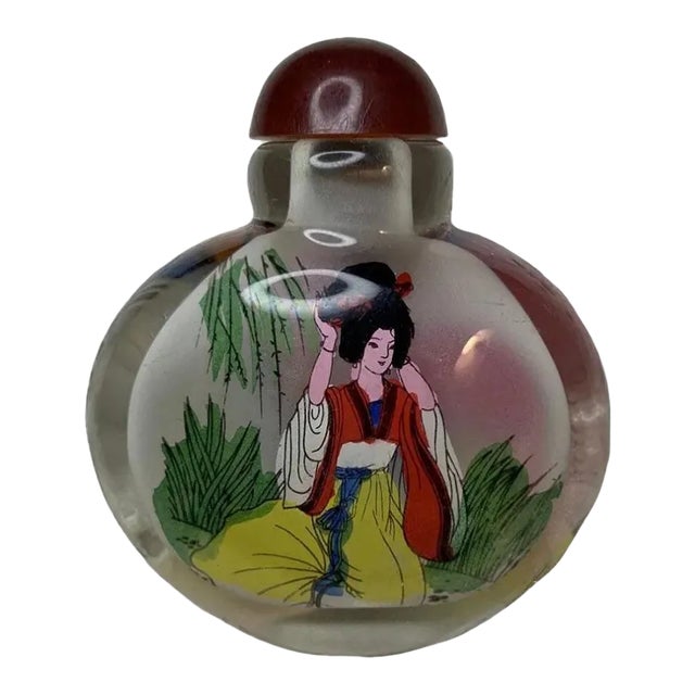 Mid 20th Century Chinese Reverse Painted Glass Snuff Bottle Woman in Dress For Sale