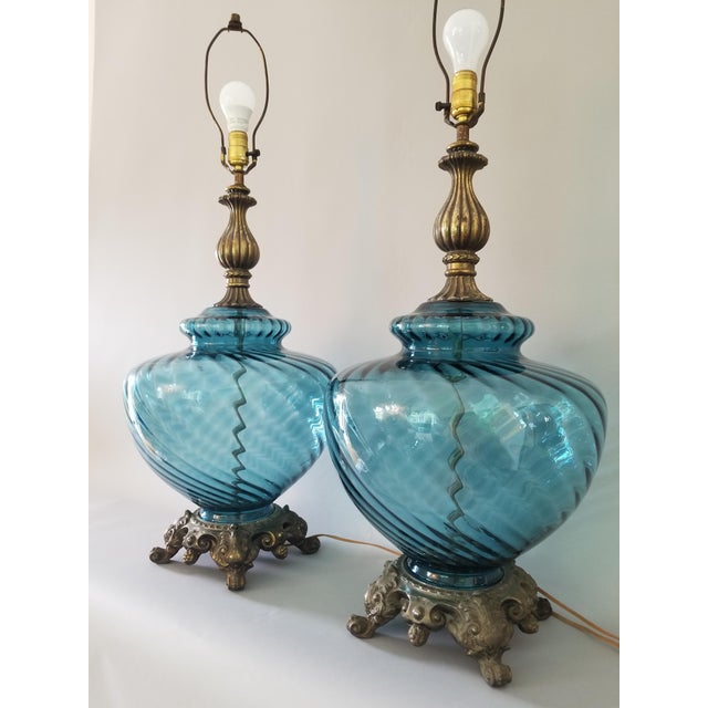 1970s Hollywood Regency Ef Ef Industries Blue Glass Lamp Set
