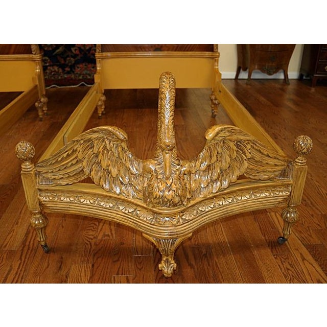 Pair of Swan Carved Paint Decorated & Inlaid Kingwood Twin Beds Circa