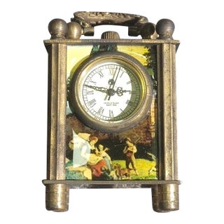 Brass Miniature Desk Clock With Flemish Art Scenic Dial For Sale