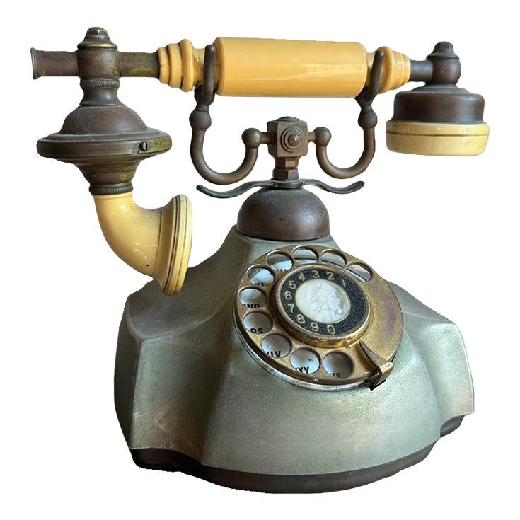 Vintage Mid Century Rotary Telephone Brass Base Cream Handset French ...