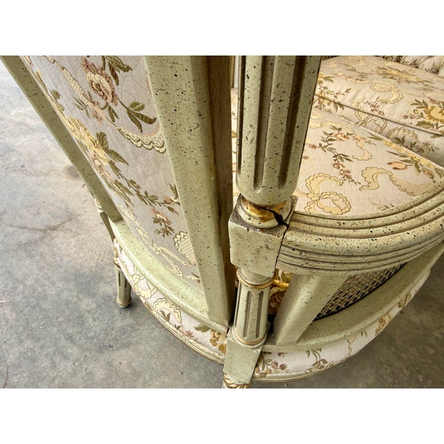 1950s Pair of Hibriten Chair Co. Louis XVI-Style Bergère Armchairs | Cream & Gilt | Cane Sides | Floral Brocade | Lenoir Nc For Sale - Image 12 of 12