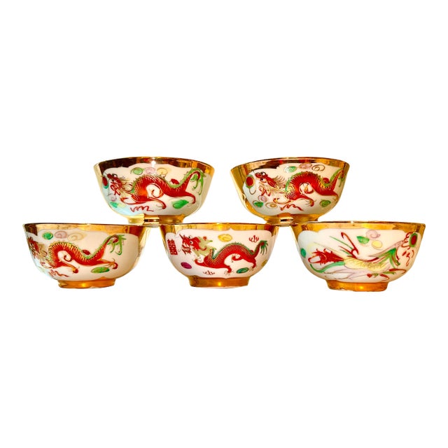 Golden Dragon Phoenix Chinese Rice Bowls - Set of 5 For Sale