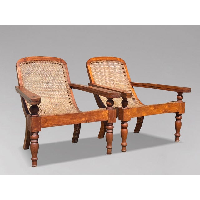 Large Vintage Teak and Cane Colonial Planters Chairs, 1920, Set of 2 For Sale - Image 12 of 12
