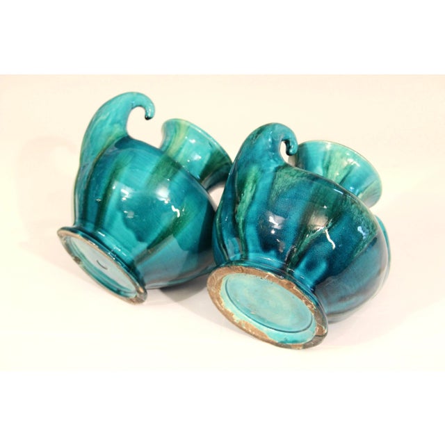 Pair 1930s Awaji Pottery Art Deco Japanese Vintage Studio Muscle Vases Blue Green Flambe For Sale - Image 4 of 8