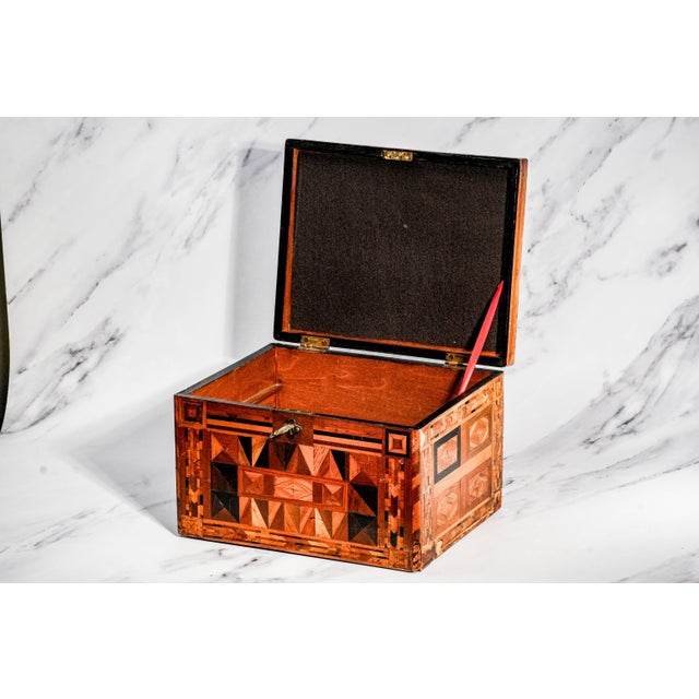 19th Century Impressive Large Inlaid Wood Pattern Antique Victorian 19th Century Box With Key Home Decor For Sale - Image 5 of 15