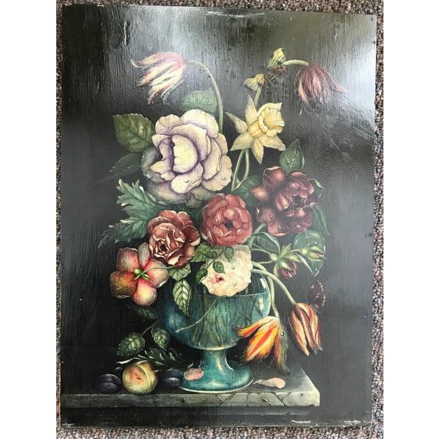 Hand painted board with colorful flowers and excellent detail.. Wood shows some age with some sun fading to areas of...