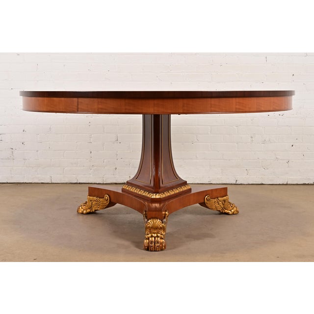 1980s Baker Furniture Regency Cherry Wood and Parcel Gilt Paw Foot Pedestal Extension Dining Table, Newly Refinished For Sale - Image 12 of 14