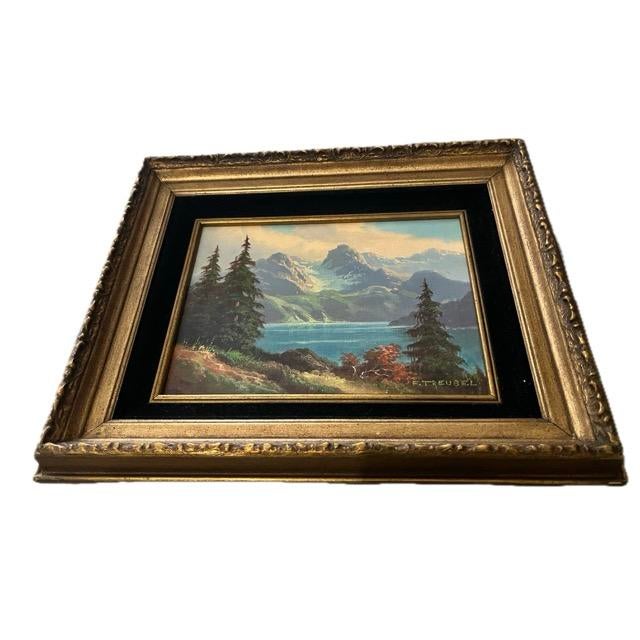 Friedman Vintage Mid-Century Alpine Mountain Lake Landscape Oil Painting Signed by Frieda Treubel - Framed For Sale - Image 4 of 5