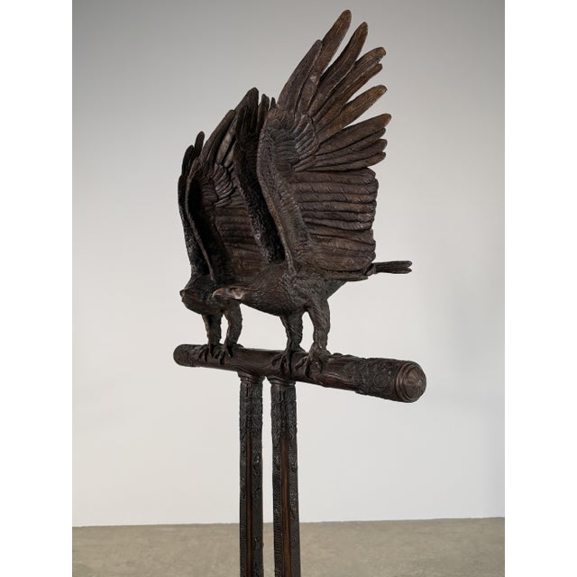 Bronze Bronze Double Eagle Sculpture on Japanese Stand, 68”h – Hand-Carved Style Pedestal Form For Sale - Image 8 of 13