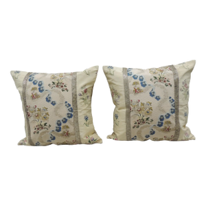 Antique Blue & Gold Silk Embroidery Square Decorative Pillows - Set of 2