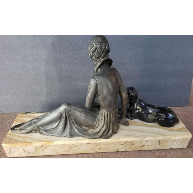 Dove Gray 1920s Art Deco Period Statue Woman and Dog on Marble Base For Sale - Image 8 of 12