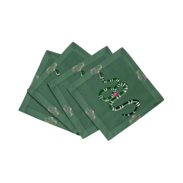 Thistle And Snake Cotton Sateen Cocktail Napkins in Evergreen, Set of 4 For Sale In Miami - Image 6 of 6