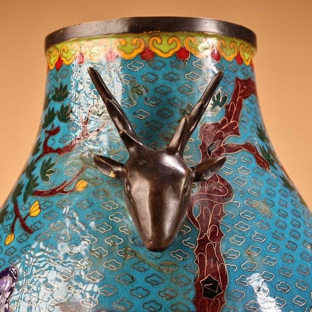 Metal Monumental Chinese Cloisonné "Deer & Crane" Vase With Bronze Deer Handles - 13.7 LBS For Sale - Image 7 of 9
