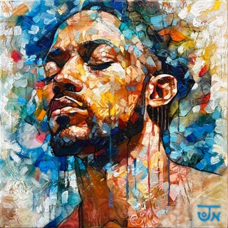 Halo of Comfort by Jon Wassom | Mixed media on canvas portrait of a man with a serene expression For Sale