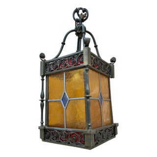 Wrought Iron and Stained Glass Ceiling Lantern Lamp, 1950s For Sale