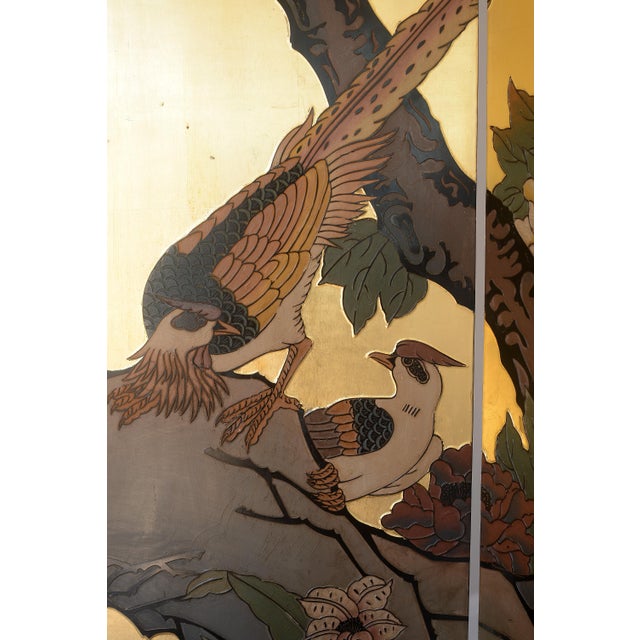 Vintage Asian Gold Leaf Coromandel 4-Panel Folding Screen With Birds in Nature Scenes For Sale - Image 4 of 18