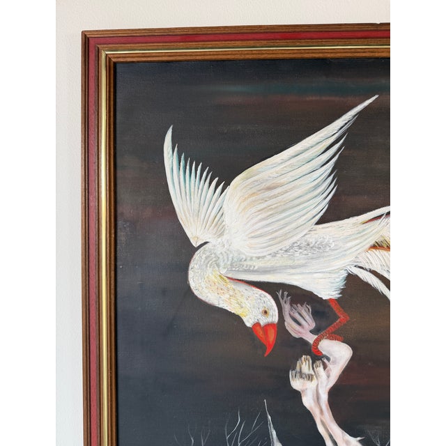 1970s 1970s Vintage Surrealist Bird & Tree Oil on Canvas Painting, Framed, Signed b.d.c. For Sale - Image 5 of 12