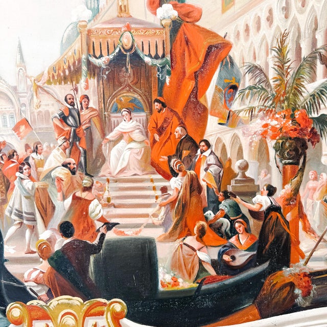Hollywood Regency Large Scale Framed Venetian Canal Scene Neoclassical Architectural Mural Style Painting on Board For Sale - Image 3 of 10