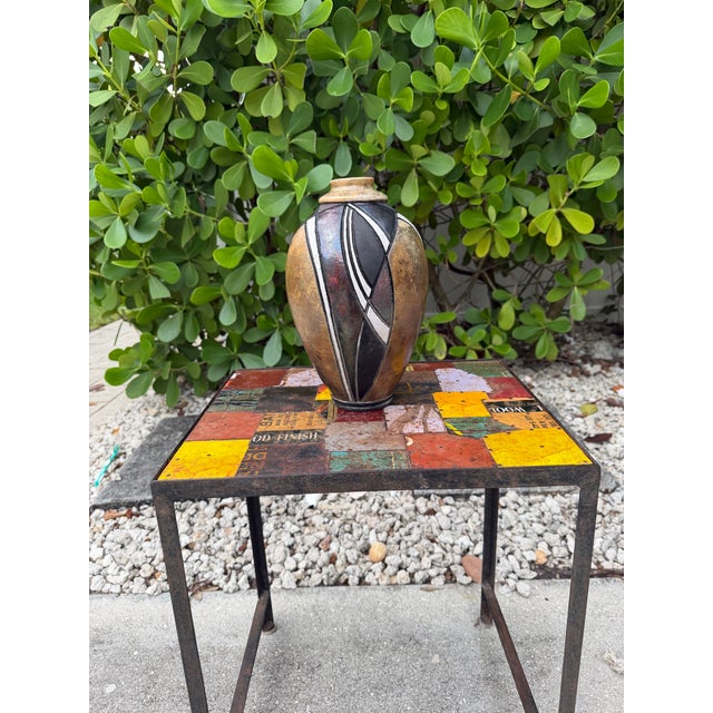 Vintage Signed Raku Studio Pottery Vase With Iridescent Geometric Design, 10” For Sale - Image 4 of 11
