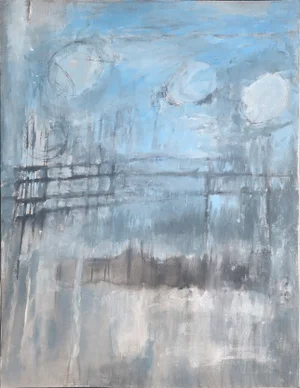 Inchoate Play 25.5*19.75 Acrylic Gouache on Paper Original Art by Carrie Bergey - Warm Grey, White, Blue, and Black, Charcoal