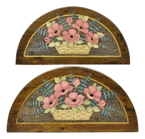 Country French Hand Carved Pine Flower Bouquet Wall Art Panel Plaque - A Pair