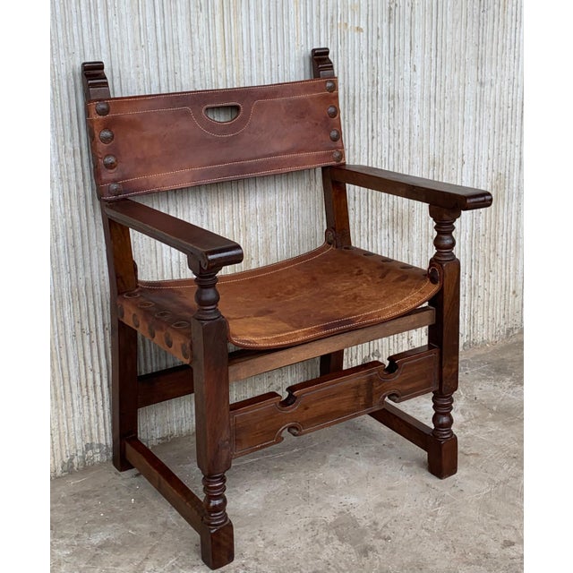 Spanish 19th Spanish Colonial Throne Armchair with Leather For Sale - Image 3 of 18
