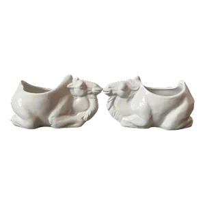 Glazed Porcelain Camel Open Back Vessels - a Pair